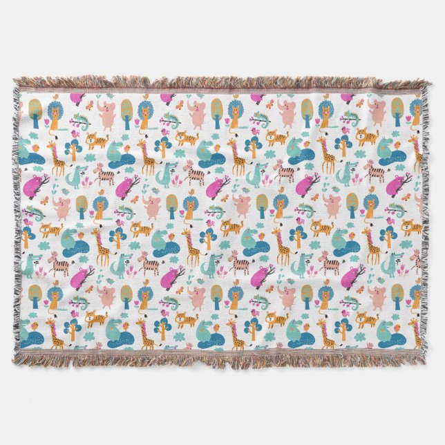 Cute and Colourful Jungle Animals Pattern Throw Blanket (Front)