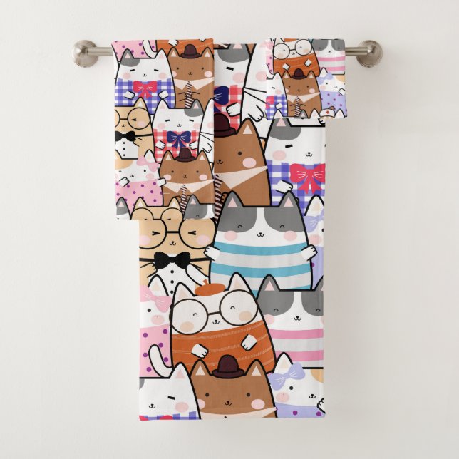 Cute and Colourful Kawaii Cat Pattern Bath Towel Set (Insitu)