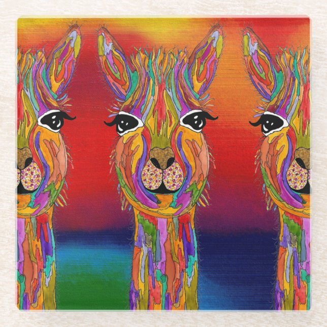 Cute and Colourful Llama Glass Coaster (Front)
