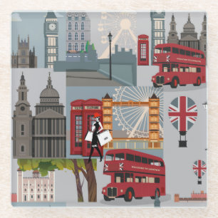 Cute and Colourful London Cartoon Drawing Glass Coaster