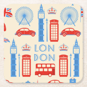 Cute and Colourful London Cartoon Drawing Square Paper Coaster