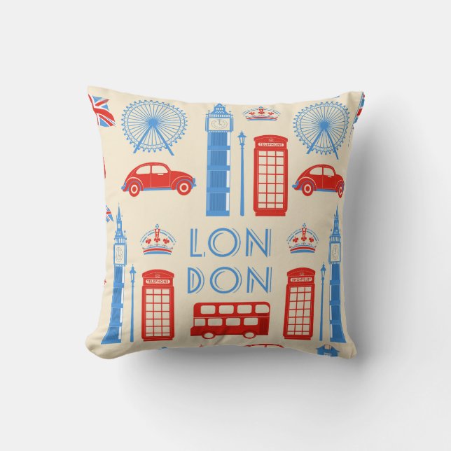 Cute and Colourful London Cartoon Drawing Throw Pillow (Front)