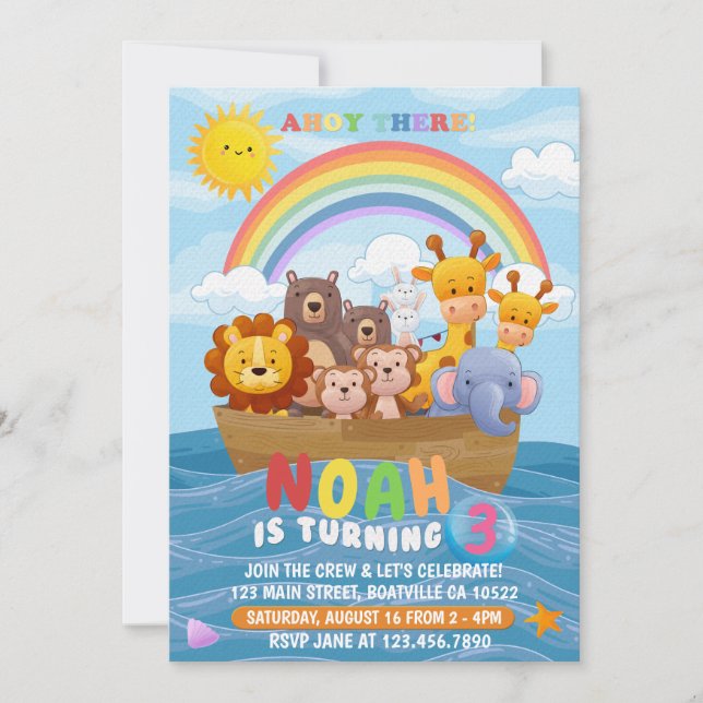 Cute and colourful Noah's Ark Birthday Invitation (Front)
