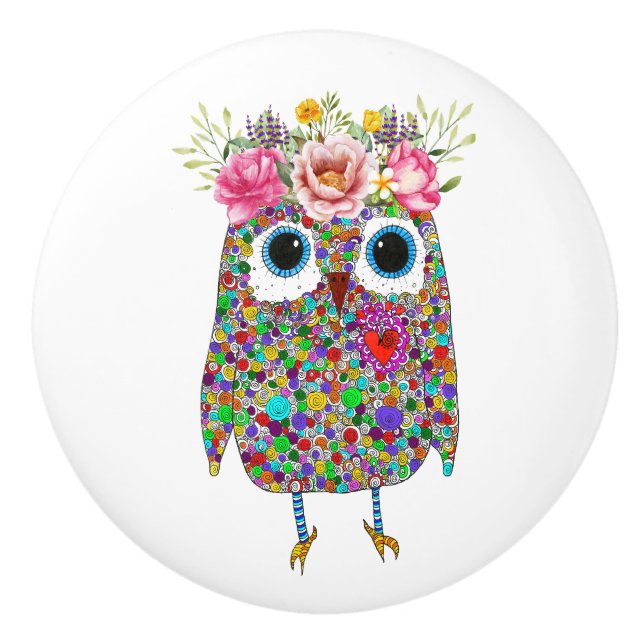 Cute and Colourful Owl Floral  Ceramic Knob (Front)