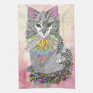 Cute and Colourful Pastel Watercolor Cat Painting Kitchen Towel