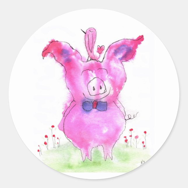 Cute and Colourful Pink Pig and Bird Sticker (Front)