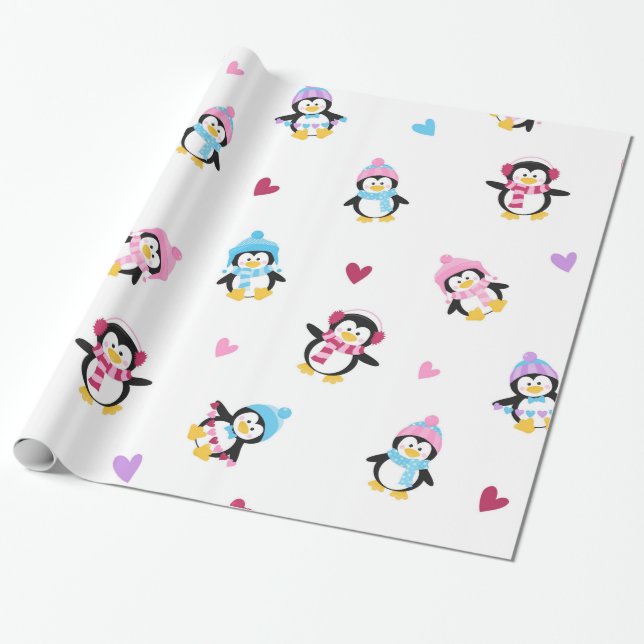 Cute and Colourful Playful Penguins  Wrapping Paper (Unrolled)