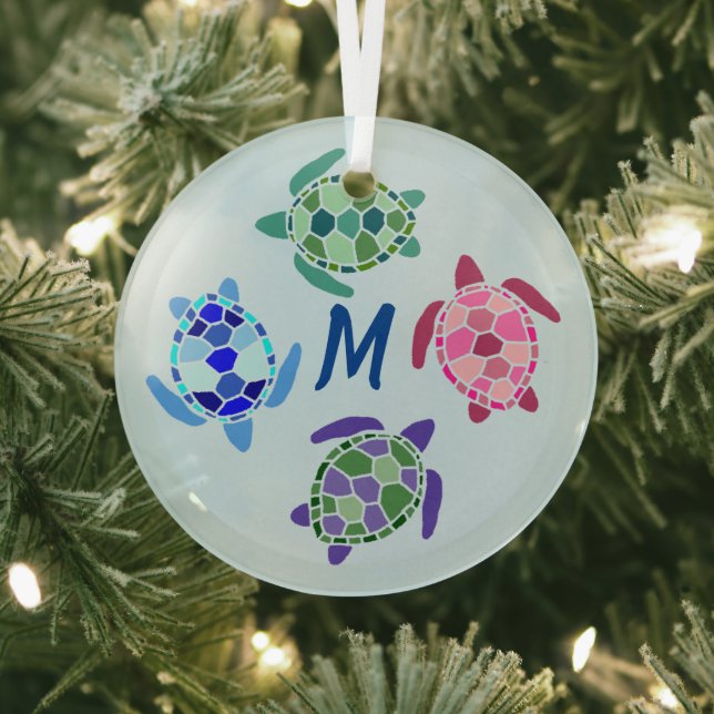 Cute and Colourful Sea Turtles Suncatcher Monogram Glass Ornament (Insitu)