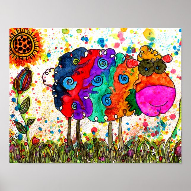 Cute and Colourful Sheep Poster - 10" x 8" (Front)