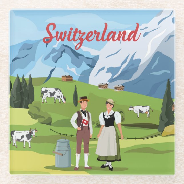 Cute and Colourful Switzerland Cartoon Drawing Glass Coaster (Front)
