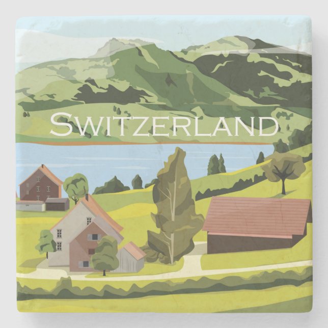 Cute and Colourful Switzerland Cartoon Drawing Stone Coaster (Front)