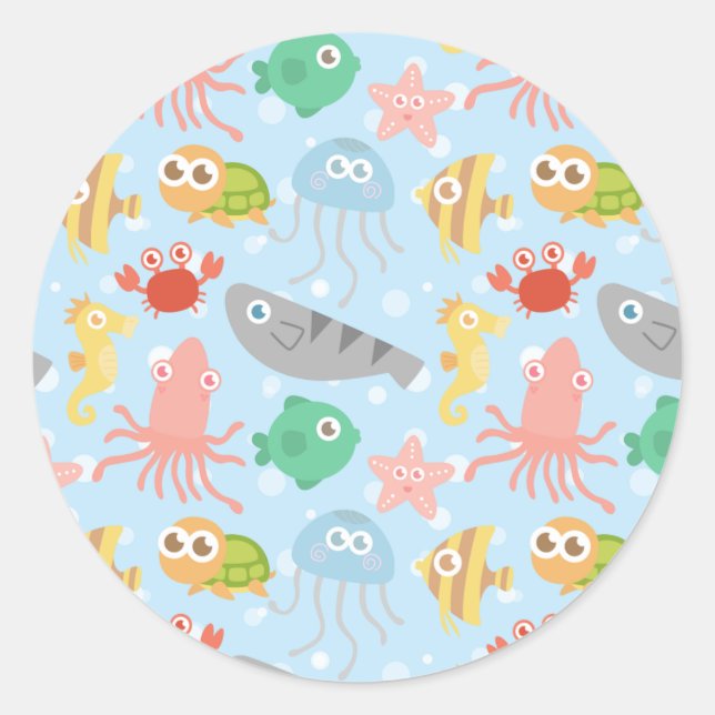 Cute and Colourful Underwater Animals Pattern Classic Round Sticker (Front)