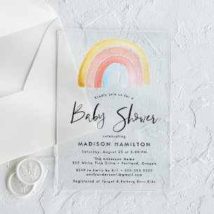 Cute and Colourful Watercolor Rainbow Baby Shower Acrylic Invitations