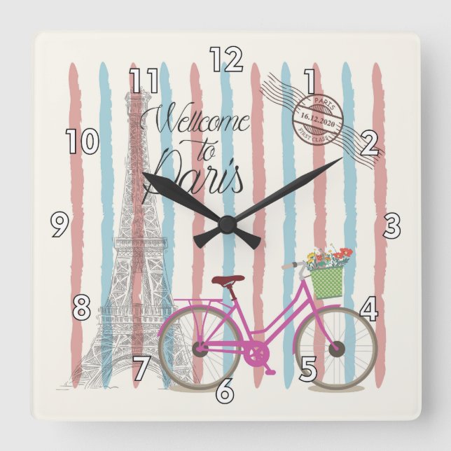 Cute and Colourful Welcome to Paris Square Wall Clock (Front)