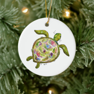 Cute and Colourful Whimsical Sea Turtle Ceramic Ornament