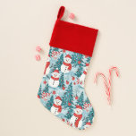 Cute and Cozy Snowman Christmas Christmas Stocking<br><div class="desc">Cute cozy snowmen in warm red scarves and warm knit hats and a pretty green,  red and blue pine tree background Christmas stocking.</div>