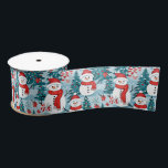 Cute and Cozy Snowman Christmas Satin Ribbon<br><div class="desc">Cute cozy snowmen in warm red scarves and warm knit hats and a pretty green,  red and blue pine tree background.</div>