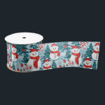 Cute and Cozy Snowman Christmas Satin Ribbon<br><div class="desc">Cute cozy snowmen in warm red scarves and warm knit hats and a pretty green,  red and blue pine tree background.</div>