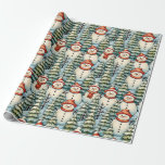 Cute and Cozy Snowman Christmas Wrapping Paper<br><div class="desc">Christmas wrap with snowmen in warm red scarves and warm knit hats and a pretty green pine tree background.</div>