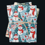 Cute and Cozy Snowman Christmas Wrapping Paper Sheet<br><div class="desc">Three sheets of cute snowmen in the winter wonderland forest. Christmas wrap with snowmen in warm red scarves and warm knit hats and a pretty green,  red and blue pine tree background.</div>