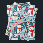 Cute and Cozy Snowman Christmas Wrapping Paper Sheet<br><div class="desc">Three sheets of cute snowmen in the winter wonderland forest. Christmas wrap with snowmen in warm red scarves and warm knit hats and a pretty green,  red and blue pine tree background.</div>