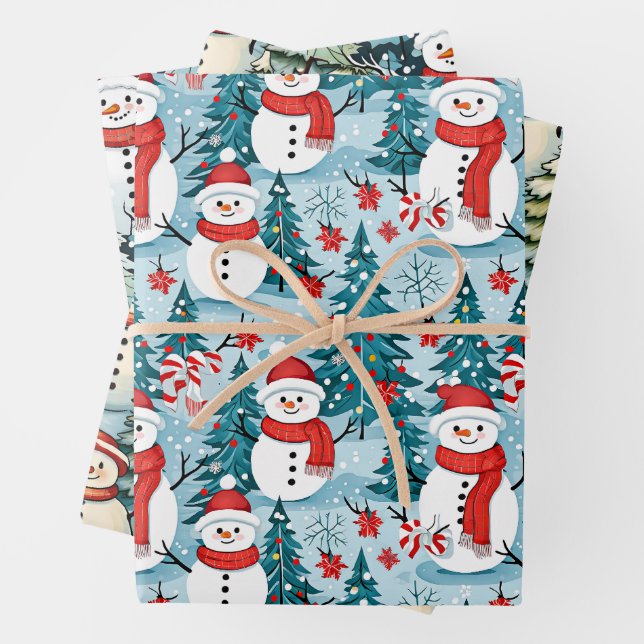 Cute and Cozy Snowman Christmas Wrapping Paper Sheet (In situ)