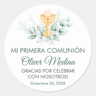 Cute and Elegant Green Leaves First Communion  Classic Round Sticker