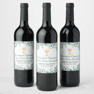 Cute and Elegant Green Leaves First Communion Wine Label