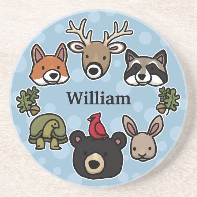 Cute and Friendly Forest Animals, Add Child's Name Coaster (Front)
