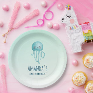 Cute and Fun Blue-Green Jellyfish Birthday Paper Plate