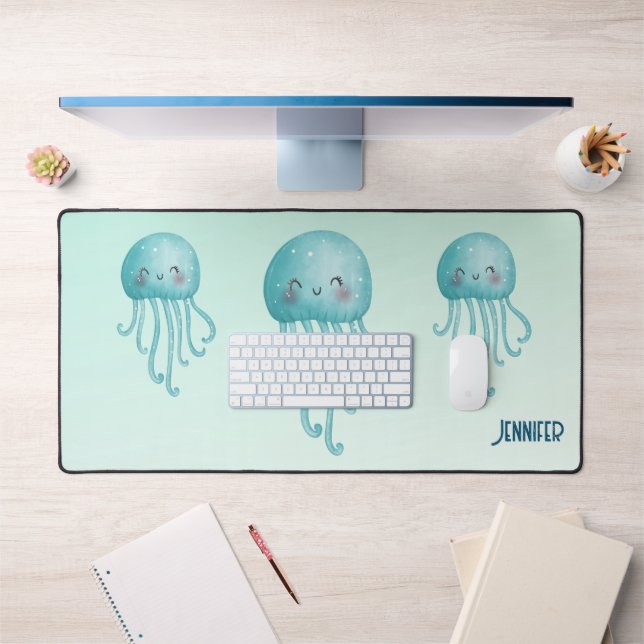  Cute and Fun Blue-Green Jellyfish Desk Mat (Office 1)