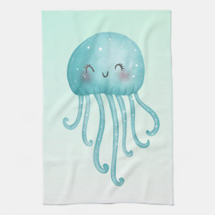 Cute and Fun Blue-Green Jellyfish Kitchen Towel