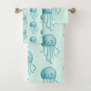 Cute and Fun Blue-Green Jellyfish Pattern Bath Towel Set