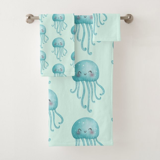 Cute and Fun Blue-Green Jellyfish Pattern Bath Towel Set (Insitu)