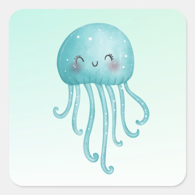 Cute and Fun Blue-Green Jellyfish Square Sticker (Front)