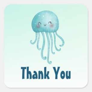 Cute and Fun Blue-Green Jellyfish Thank You Square Sticker