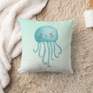 Cute and Fun Blue-Green Jellyfish Throw Pillow