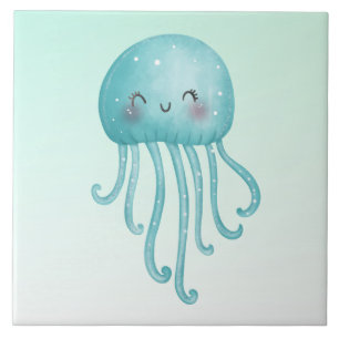 Cute and Fun Blue-Green Jellyfish Tile