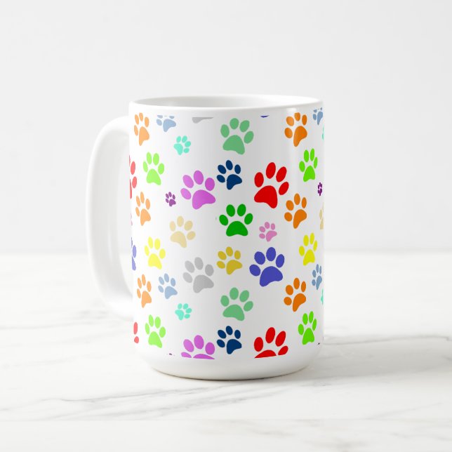 Cute and Fun Colourful Pet Paws Pattern Coffee Mug (Front Left)