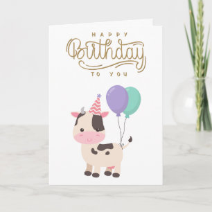 Cute and Fun Cow & balloons Happy Birthday Card