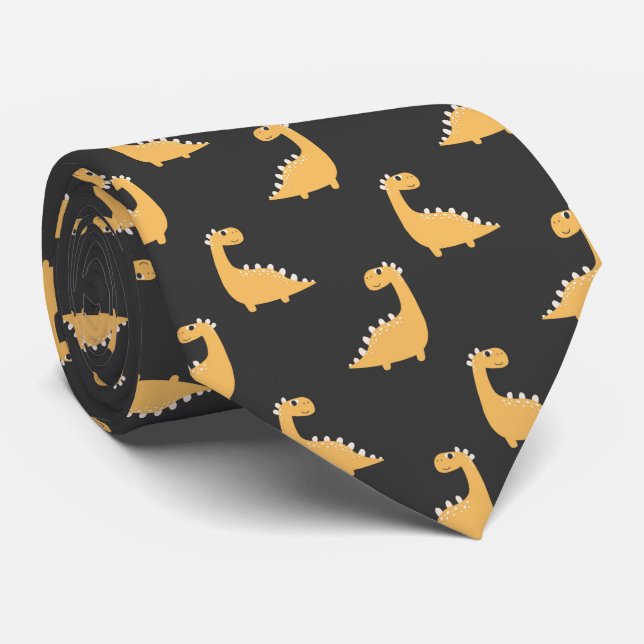 Cute and Fun Dinosaur Orange on Black Pattern Tie (Rolled)