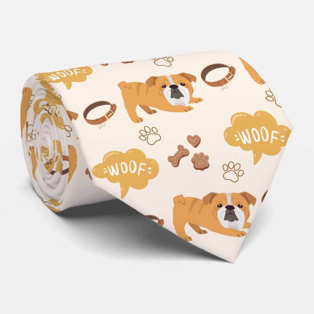Cute and Fun Dog Pattern (Bulldog) Tie (Rolled)