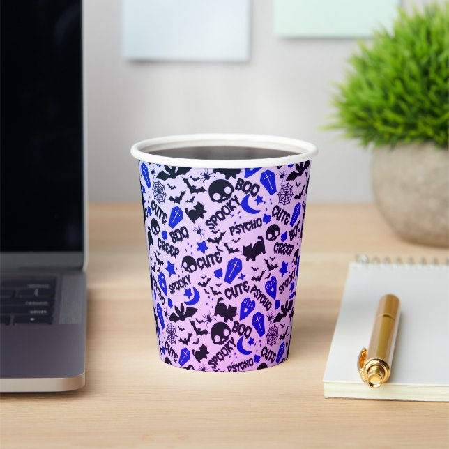Cute and Fun Purple, Blue and Black Halloween Paper Cups (Insitu)