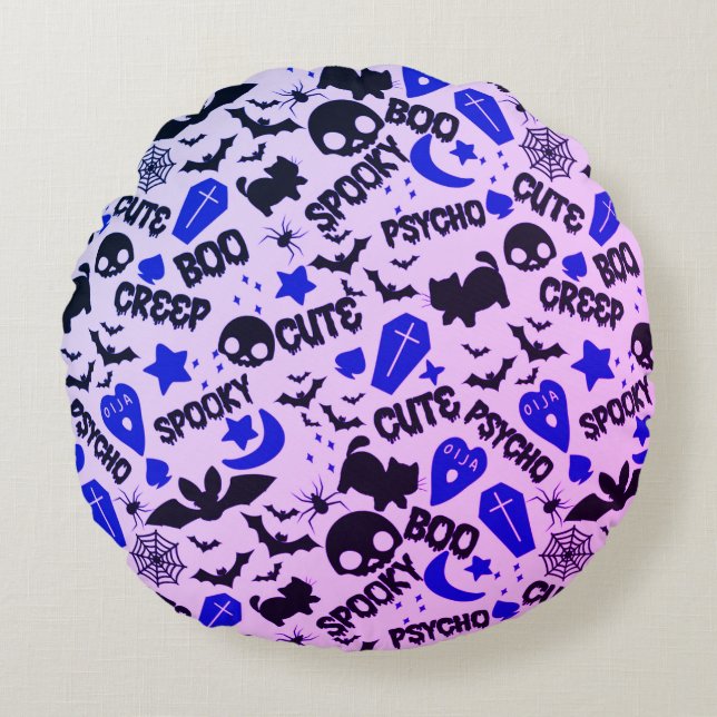 Cute and Fun Purple, Blue and Black Halloween Round Pillow (Front)