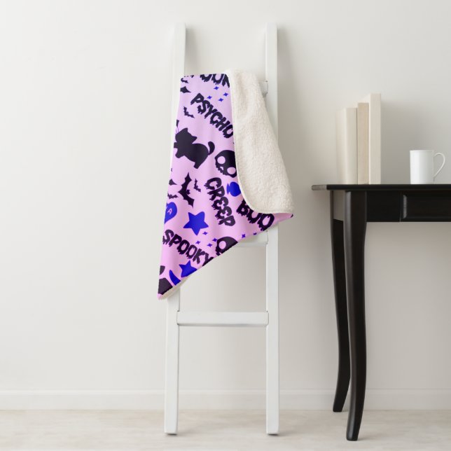Cute and Fun Purple, Blue and Black Halloween Sherpa Blanket (In Situ)