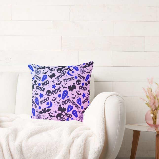 Cute and Fun Purple, Blue and Black Halloween Throw Pillow (Couch)