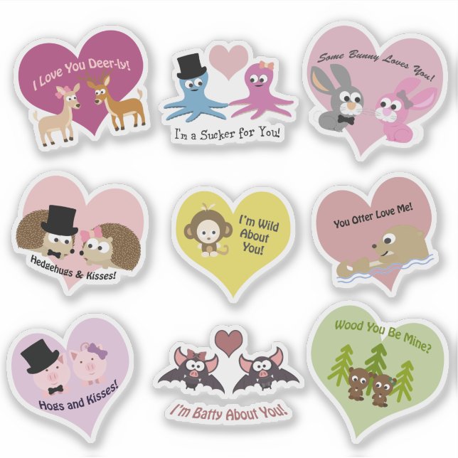 Cute and Funny Animal Love Puns Sticker Set (Front)