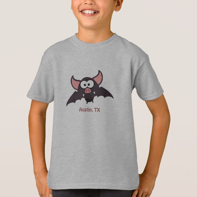 Cute and Funny Austin Texas Cartoon Bat T-Shirt (Front)