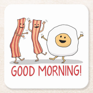 Cute and Funny Bacon and Egg Good Morning Square Paper Coaster