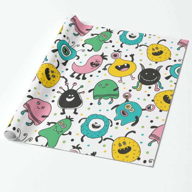 Cute and funny cartoon monster pattern wrapping paper (Unrolled)
